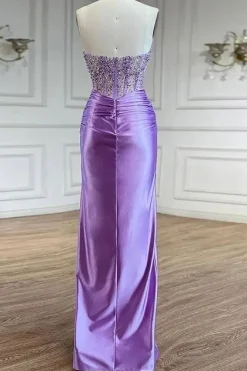 Sparkly Beaded Purple Corset Mermaid Strapless Prom Dress with Slit