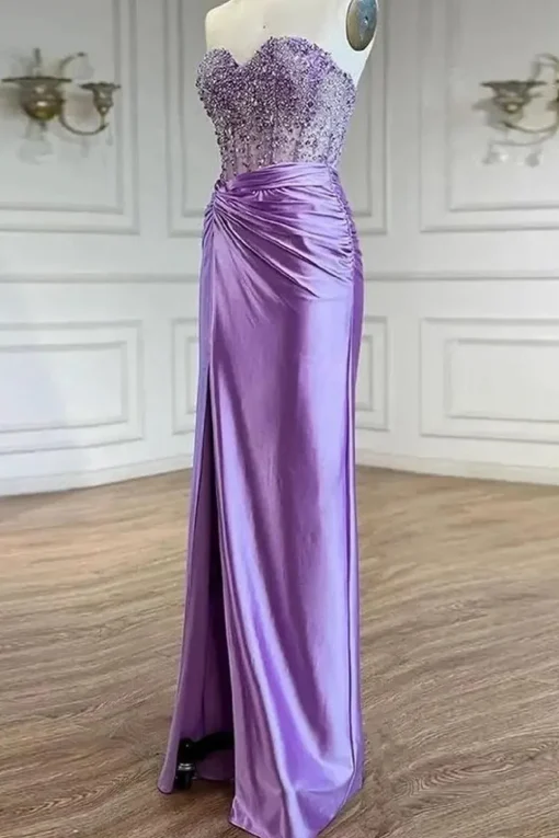 Sparkly Beaded Purple Corset Mermaid Strapless Prom Dress with Slit