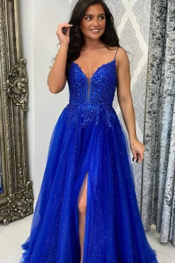 Sparkly Beaded Royal Blue Corset A Line Long Prom Dress with Slit