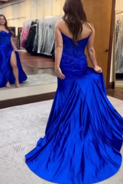 Sparkly Beaded Royal Blue Corset Strapless Long Mermaid Prom Dress with Slit
