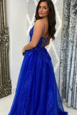 Sparkly Beaded Royal Blue Corset A Line Long Prom Dress with Slit