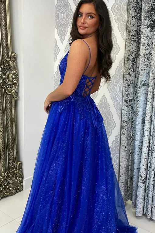 Sparkly Beaded Royal Blue Corset A Line Long Prom Dress with Slit