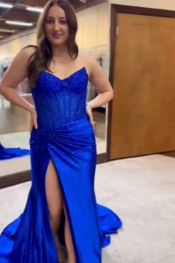 Sparkly Beaded Royal Blue Corset Strapless Long Mermaid Prom Dress with Slit