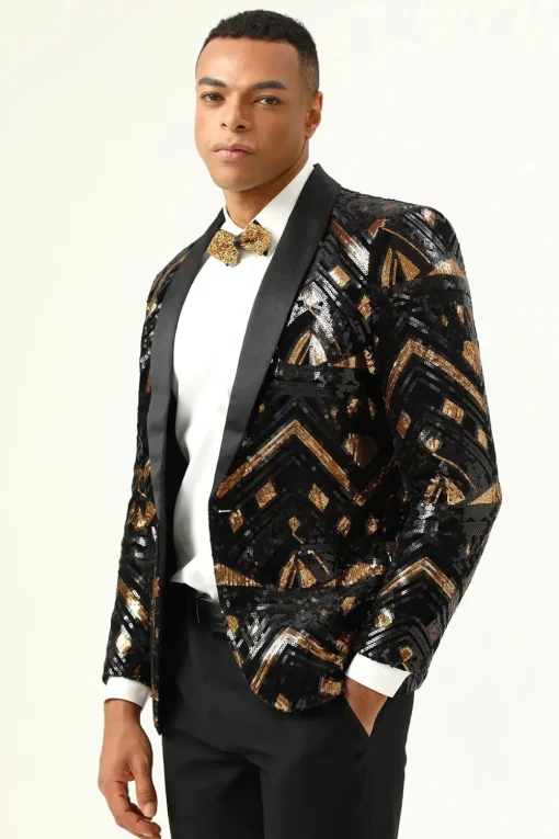 Sparkly Black and Golden Sequins Men's Prom Blazer