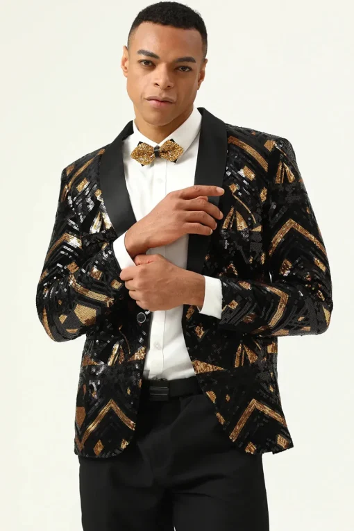 Sparkly Black and Golden Sequins Men's Prom Blazer