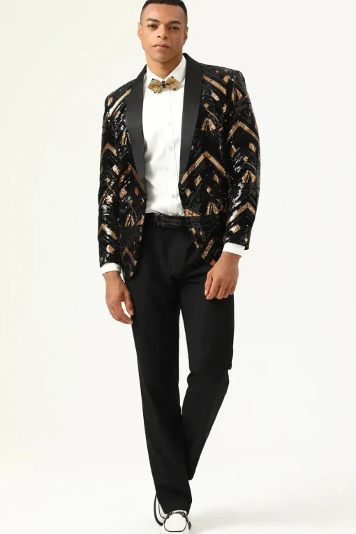 Sparkly Black and Golden Sequins Men's Prom Blazer
