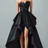 Sparkly Black Hi-Low A-Line Strapless 3D Flowers Ruffle Satin Formal Dress
