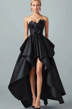 Sparkly Black Hi-Low A-Line Strapless 3D Flowers Ruffle Satin Formal Dress