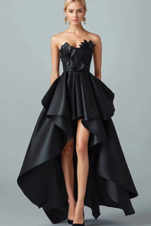 Sparkly Black Hi-Low A-Line Strapless 3D Flowers Ruffle Satin Formal Dress