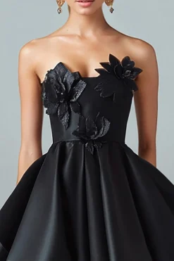 Sparkly Black Hi-Low A-Line Strapless 3D Flowers Ruffle Satin Formal Dress
