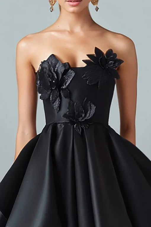 Sparkly Black Hi-Low A-Line Strapless 3D Flowers Ruffle Satin Formal Dress