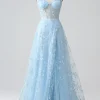 Sparkly Blue A Line Spaghetti Straps Sequin Corset Prom Dress With Slit