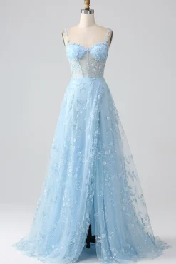 Sparkly Blue A Line Spaghetti Straps Sequin Corset Prom Dress With Slit