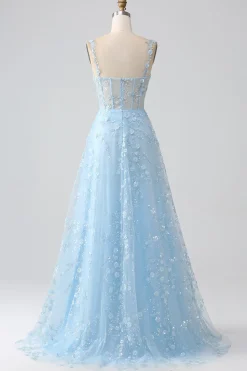 Sparkly Blue A Line Spaghetti Straps Sequin Corset Prom Dress With Slit