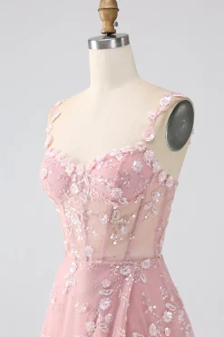 Sparkly Blue A Line Spaghetti Straps Sequin Corset Prom Dress With Slit