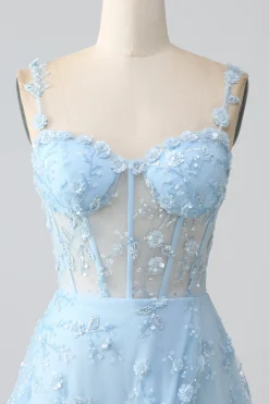 Sparkly Blue A Line Spaghetti Straps Sequin Corset Prom Dress With Slit
