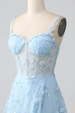Sparkly Blue A Line Spaghetti Straps Sequin Corset Prom Dress With Slit