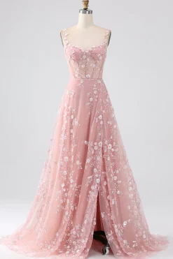 Sparkly Blue A Line Spaghetti Straps Sequin Corset Prom Dress With Slit