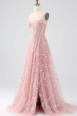 Sparkly Blue A Line Spaghetti Straps Sequin Corset Prom Dress With Slit