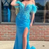 Sparkly Blue Appliques Mermaid Off The Shoulder Corset Prom Dress with Slit