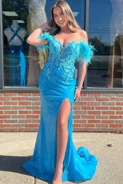 Sparkly Blue Appliques Mermaid Off The Shoulder Corset Prom Dress with Slit