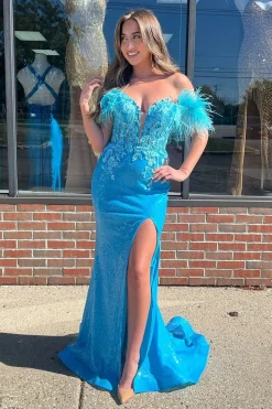 Sparkly Blue Appliques Mermaid Off The Shoulder Corset Prom Dress with Slit