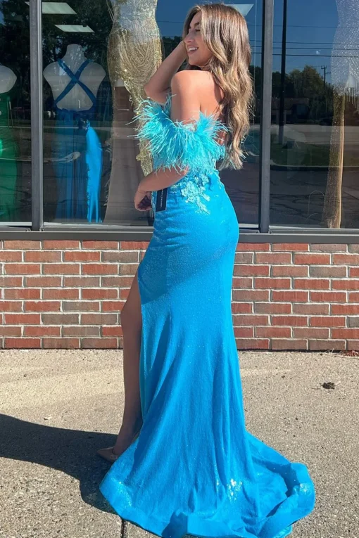 Sparkly Blue Appliques Mermaid Off The Shoulder Corset Prom Dress with Slit