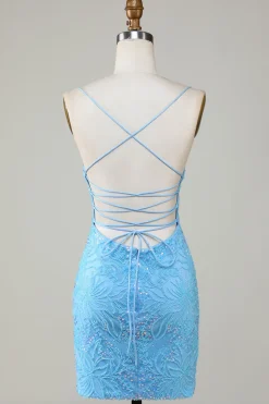 Sparkly Blue Beaded Tight Short Party Dress