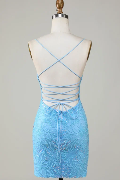 Sparkly Blue Beaded Tight Short Party Dress