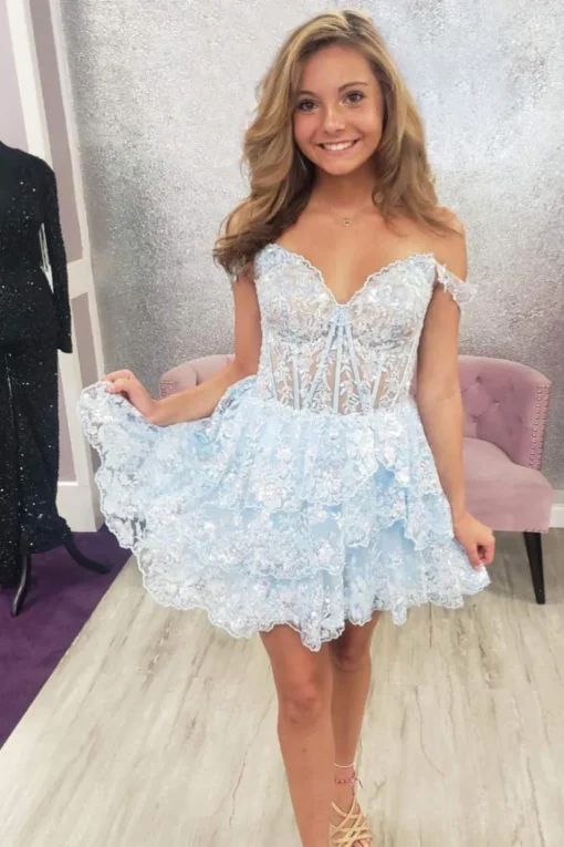 Sparkly Blue Corset Tiered Lace A-Line Short Graduation Dress