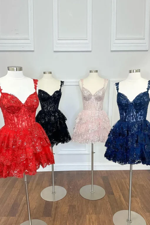 Sparkly Blue Corset Tiered Lace A-Line Short Graduation Dress