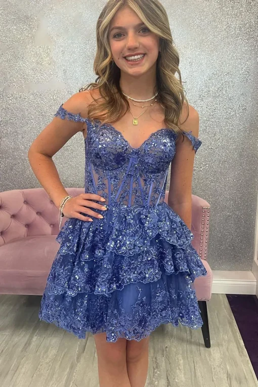 Sparkly Blue Corset Tiered Lace A-Line Short Graduation Dress