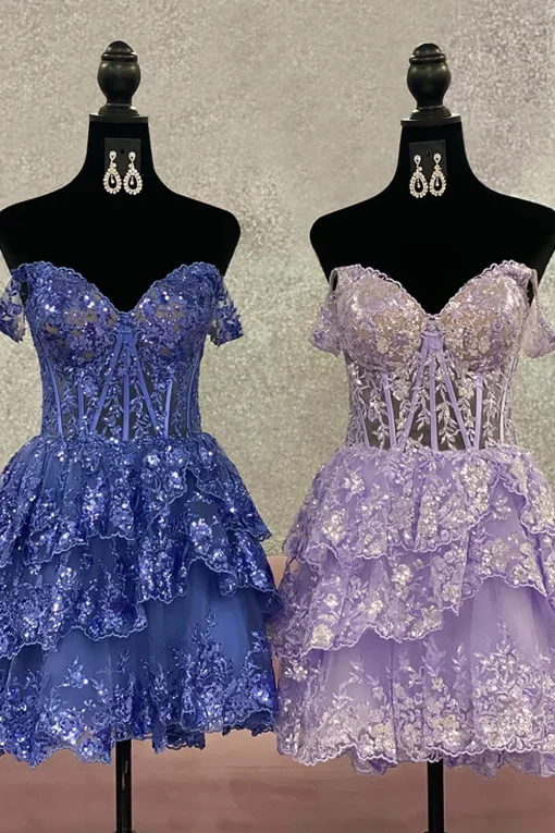 Sparkly Blue Corset Tiered Lace A-Line Short Graduation Dress