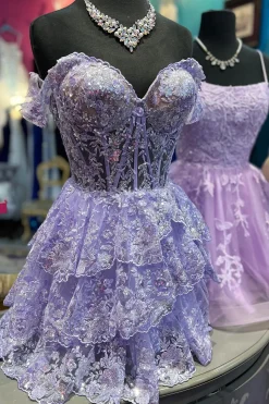 Sparkly Blue Corset Tiered Lace A-Line Short Graduation Dress