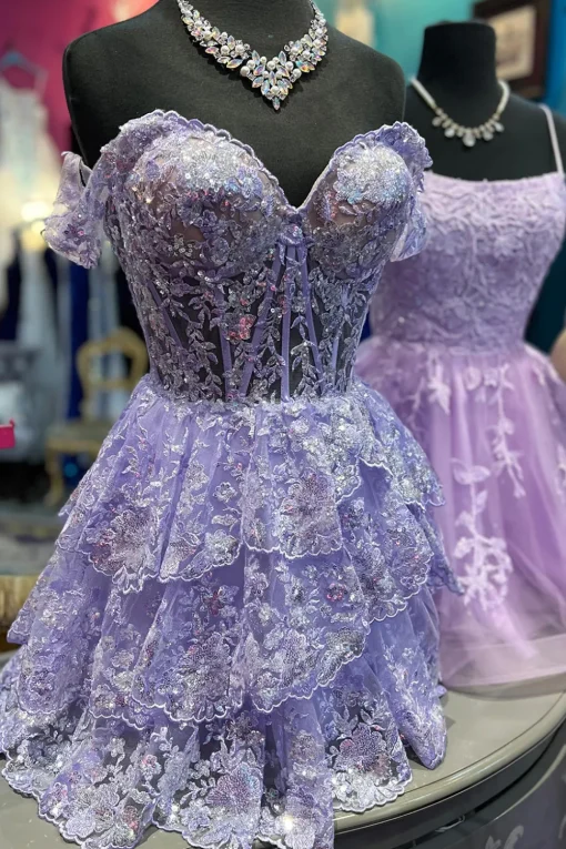 Sparkly Blue Corset Tiered Lace A-Line Short Graduation Dress