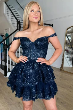 Sparkly Blue Corset Tiered Lace A-Line Short Graduation Dress