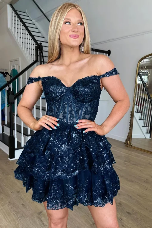 Sparkly Blue Corset Tiered Lace A-Line Short Graduation Dress