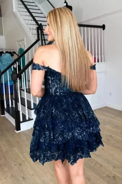 Sparkly Blue Corset Tiered Lace A-Line Short Graduation Dress