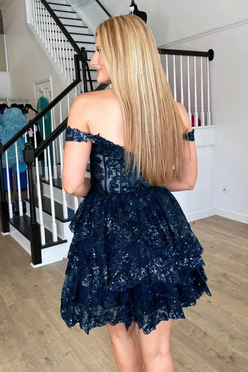 Sparkly Blue Corset Tiered Lace A-Line Short Graduation Dress