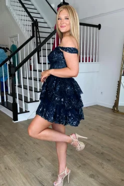 Sparkly Blue Corset Tiered Lace A-Line Short Graduation Dress