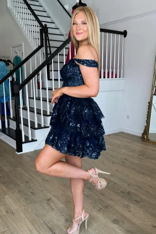 Sparkly Blue Corset Tiered Lace A-Line Short Graduation Dress