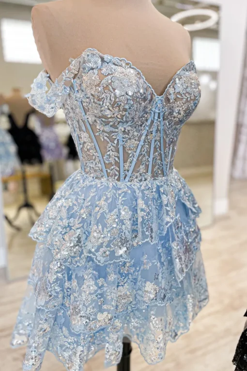 Sparkly Blue Corset Tiered Lace A-Line Short Graduation Dress