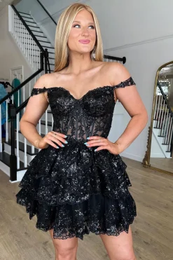 Sparkly Blue Corset Tiered Lace A-Line Short Graduation Dress