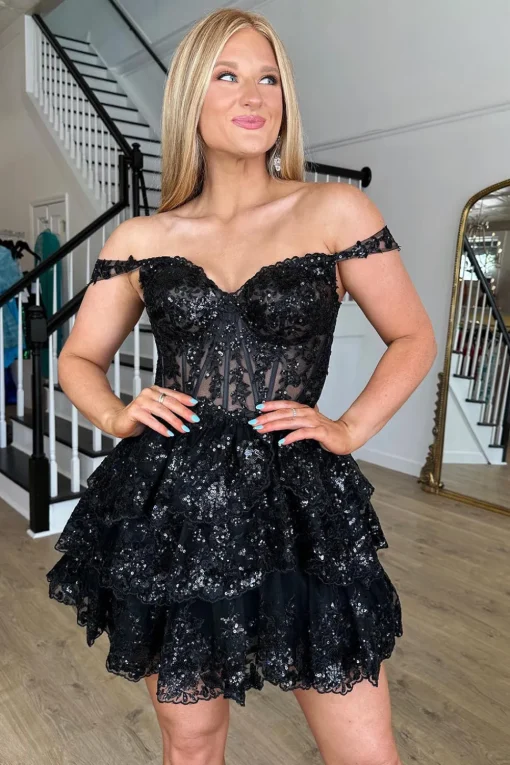 Sparkly Blue Corset Tiered Lace A-Line Short Graduation Dress