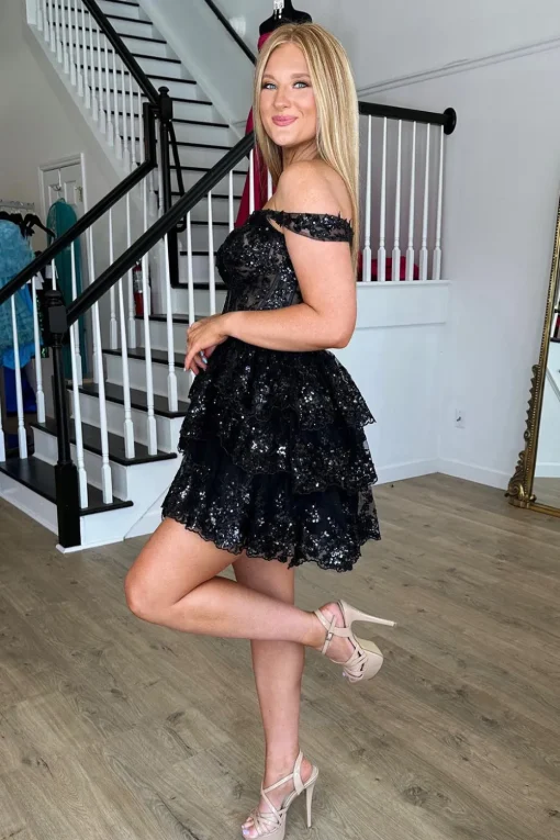 Sparkly Blue Corset Tiered Lace A-Line Short Graduation Dress