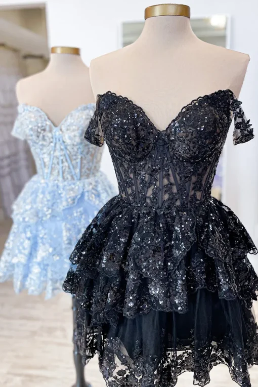 Sparkly Blue Corset Tiered Lace A-Line Short Graduation Dress