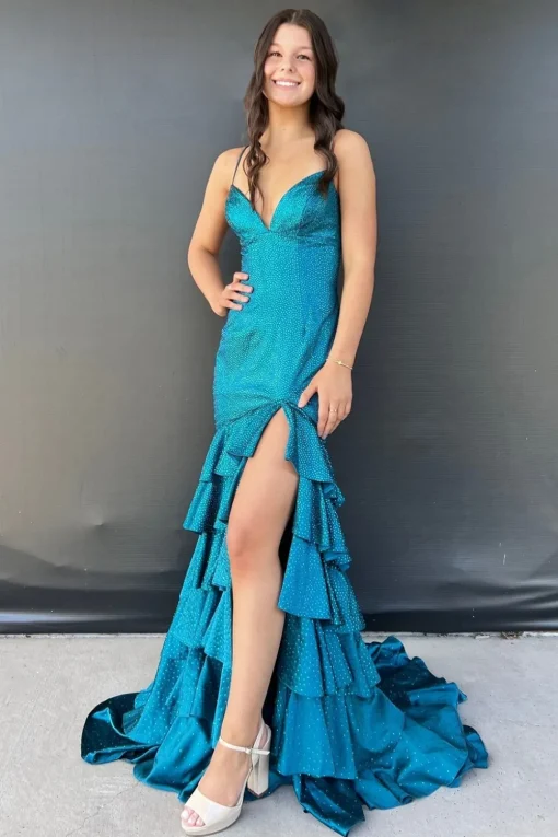 Sparkly Blue Mermaid Beaded Tiered Long Prom Dress with Slit