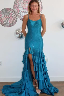 Sparkly Blue Mermaid Beaded Tiered Long Prom Dress with Slit