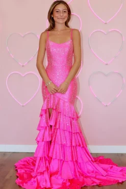 Sparkly Blue Mermaid Beaded Tiered Long Prom Dress with Slit