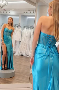 Sparkly Blue Strapless Corset Prom Dress with Slit